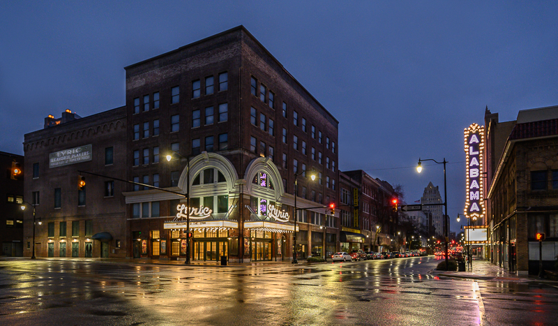 Alabama Theatre and the Lyric Theatre on a rainy night