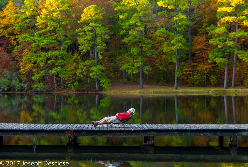 Man napping on a dock by a lake
